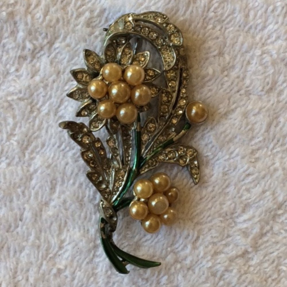 1920 Original Brooch - Rhinestones & Faux Pearl